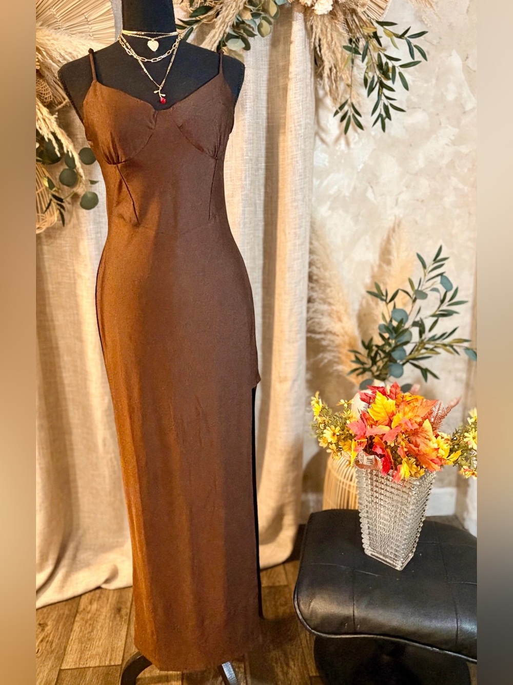 ELH Studio Brown Slip Maxi Dress with Spaghetti Straps